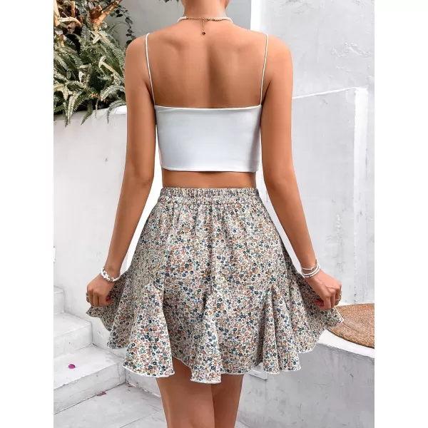WDIRARA Women's Floral Print Ruffle Hem Elastic High Waist Tie Front Skirt