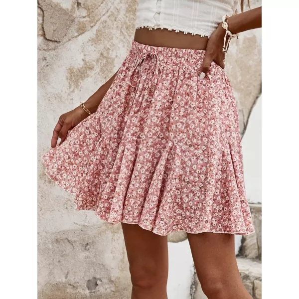 WDIRARA Women's Floral Print Ruffle Hem Elastic High Waist Tie Front Skirt