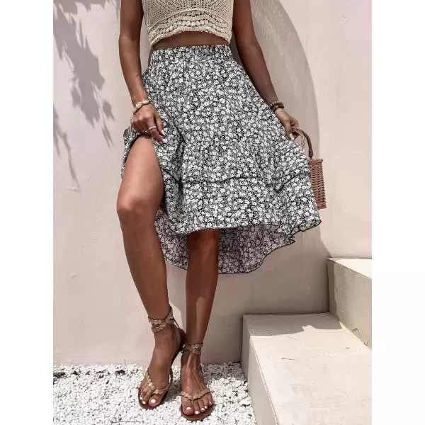 WDIRARA Women's Floral Print Ruffle Hem Elastic High Waist Tie Front Skirt