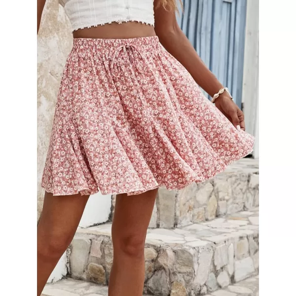 WDIRARA Women's Floral Print Ruffle Hem Elastic High Waist Tie Front Skirt