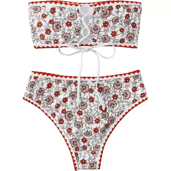 WDIRARA Women's Floral Print Strapless Lace Up Bikini Swimsuit 2 Piece Bathing Suit