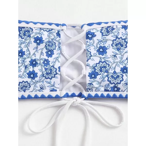 WDIRARA Women's Floral Print Strapless Lace Up Bikini Swimsuit 2 Piece Bathing Suit