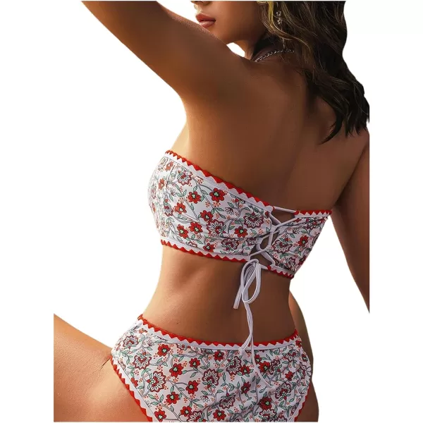 WDIRARA Women's Floral Print Strapless Lace Up Bikini Swimsuit 2 Piece Bathing Suit