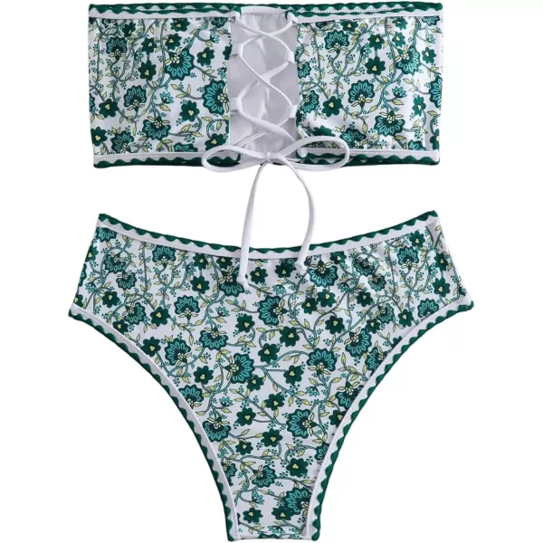 WDIRARA Women's Floral Print Strapless Lace Up Bikini Swimsuit 2 Piece Bathing Suit