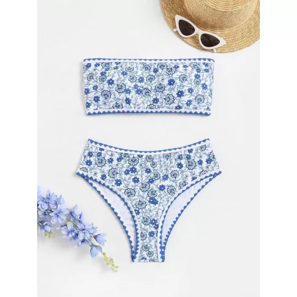 WDIRARA Women's Floral Print Strapless Lace Up Bikini Swimsuit 2 Piece Bathing Suit