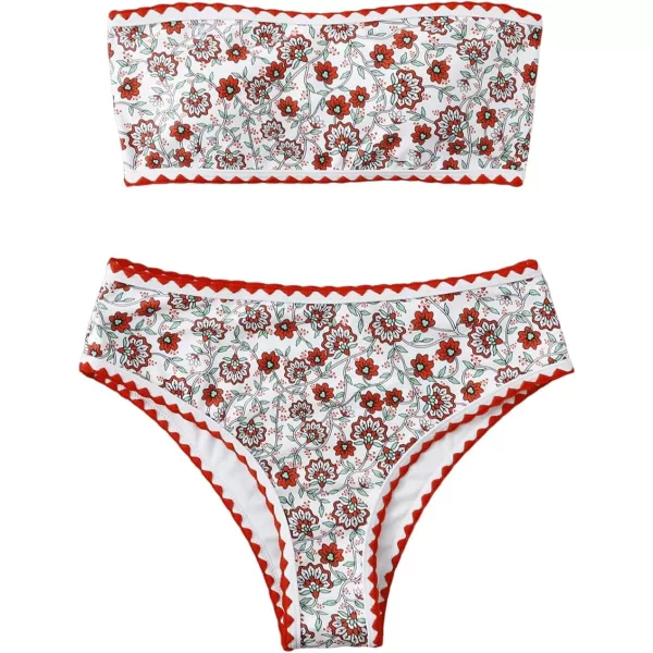 WDIRARA Women's Floral Print Strapless Lace Up Bikini Swimsuit 2 Piece Bathing Suit