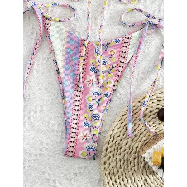 WDIRARA Women's Floral Print Tie Side Swimwear Straps Bikini Sets Swimsuits
