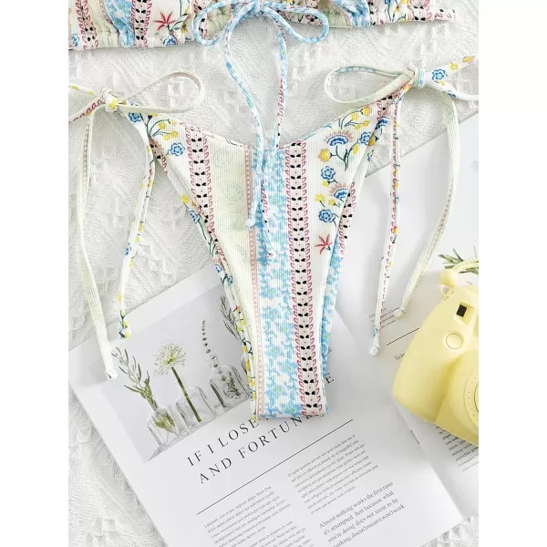 WDIRARA Women's Floral Print Tie Side Swimwear Straps Bikini Sets Swimsuits