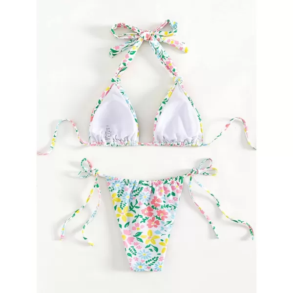 WDIRARA Women's Floral Print Tie Side Swimwear Straps Bikini Sets Swimsuits