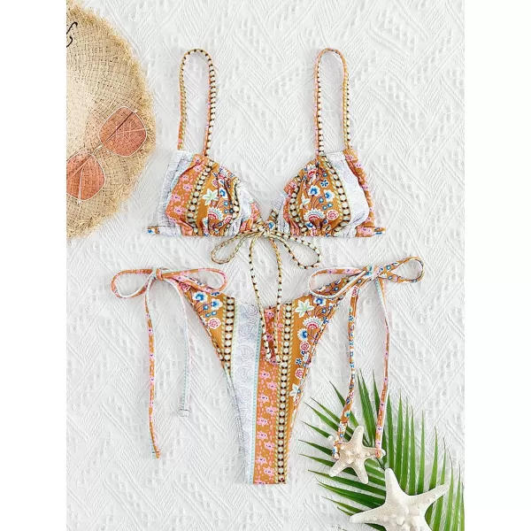 WDIRARA Women's Floral Print Tie Side Swimwear Straps Bikini Sets Swimsuits