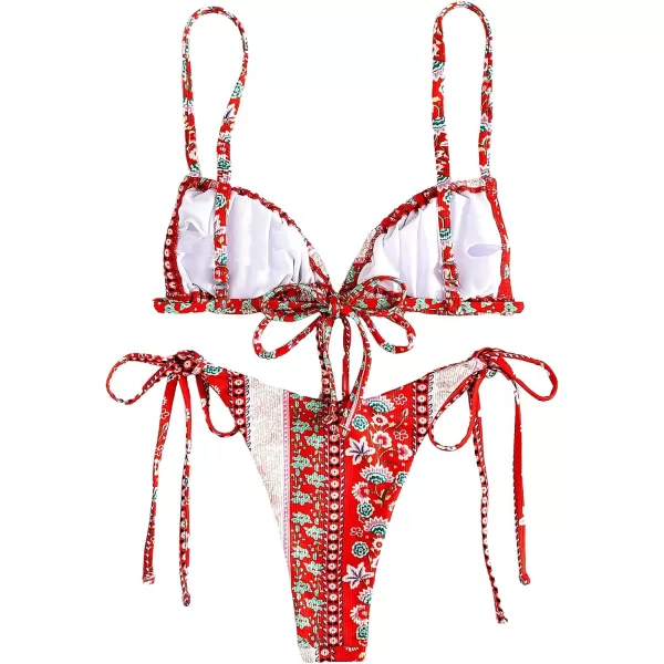 WDIRARA Women's Floral Print Tie Side Swimwear Straps Bikini Sets Swimsuits