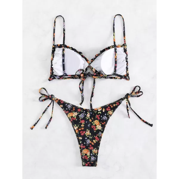 WDIRARA Women's Floral Print Tie Side Swimwear Straps Bikini Sets Swimsuits