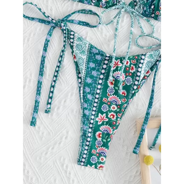 WDIRARA Women's Floral Print Tie Side Swimwear Straps Bikini Sets Swimsuits