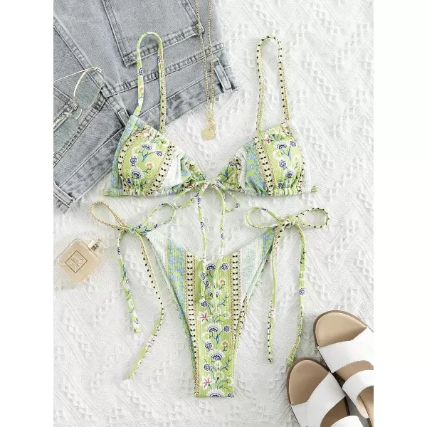 WDIRARA Women's Floral Print Tie Side Swimwear Straps Bikini Sets Swimsuits