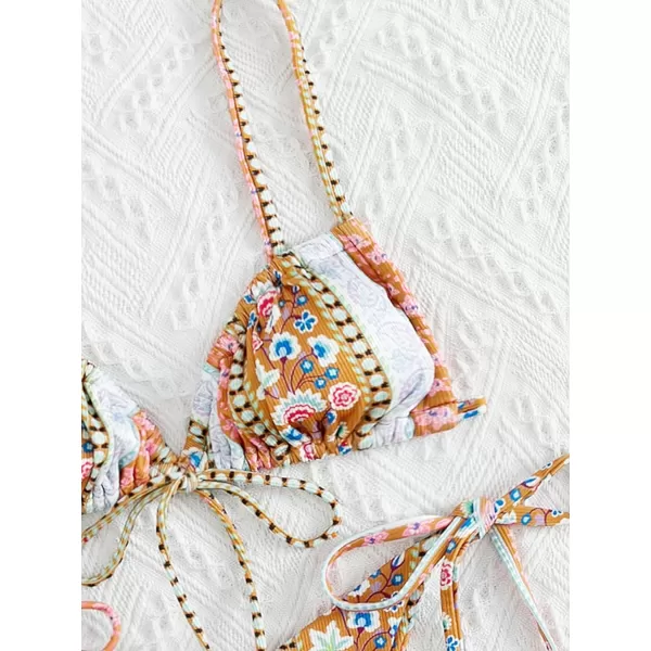 WDIRARA Women's Floral Print Tie Side Swimwear Straps Bikini Sets Swimsuits