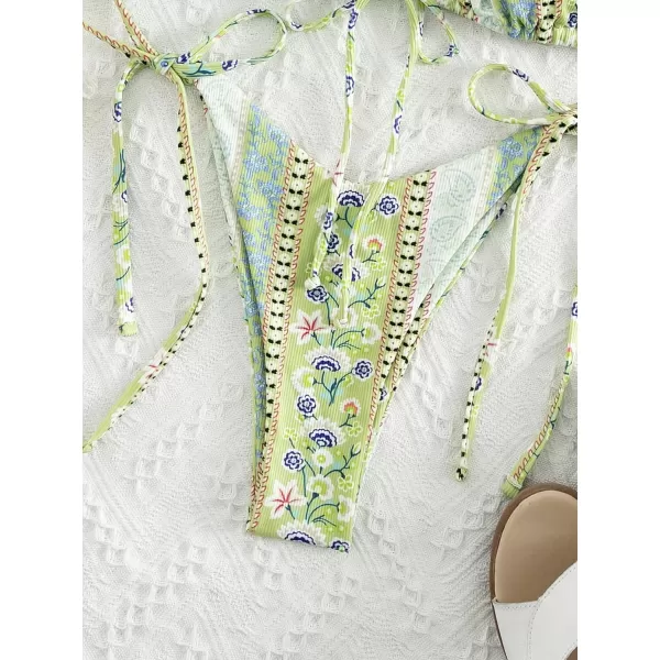 WDIRARA Women's Floral Print Tie Side Swimwear Straps Bikini Sets Swimsuits