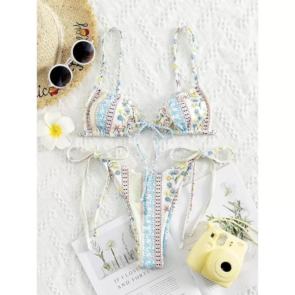 WDIRARA Women's Floral Print Tie Side Swimwear Straps Bikini Sets Swimsuits