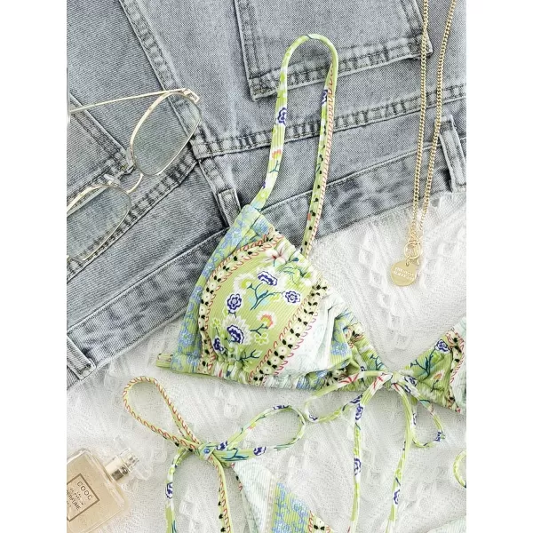 WDIRARA Women's Floral Print Tie Side Swimwear Straps Bikini Sets Swimsuits