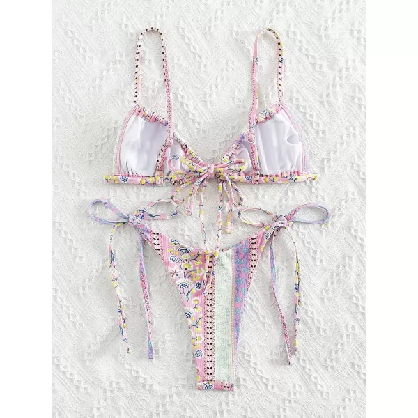 WDIRARA Women's Floral Print Tie Side Swimwear Straps Bikini Sets Swimsuits