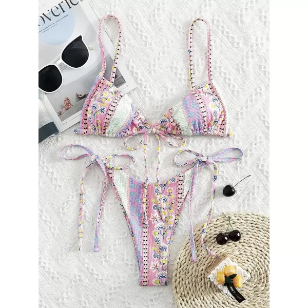 WDIRARA Women's Floral Print Tie Side Swimwear Straps Bikini Sets Swimsuits