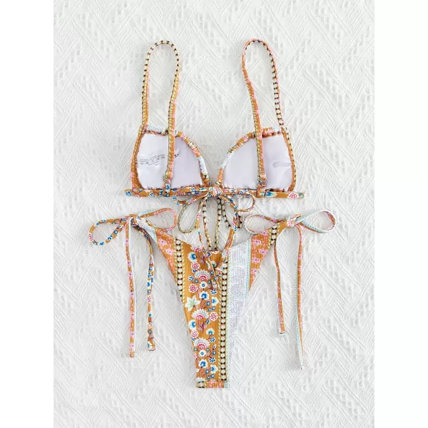 WDIRARA Women's Floral Print Tie Side Swimwear Straps Bikini Sets Swimsuits