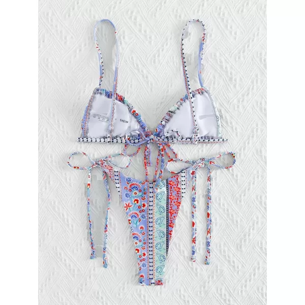 WDIRARA Women's Floral Print Tie Side Swimwear Straps Bikini Sets Swimsuits