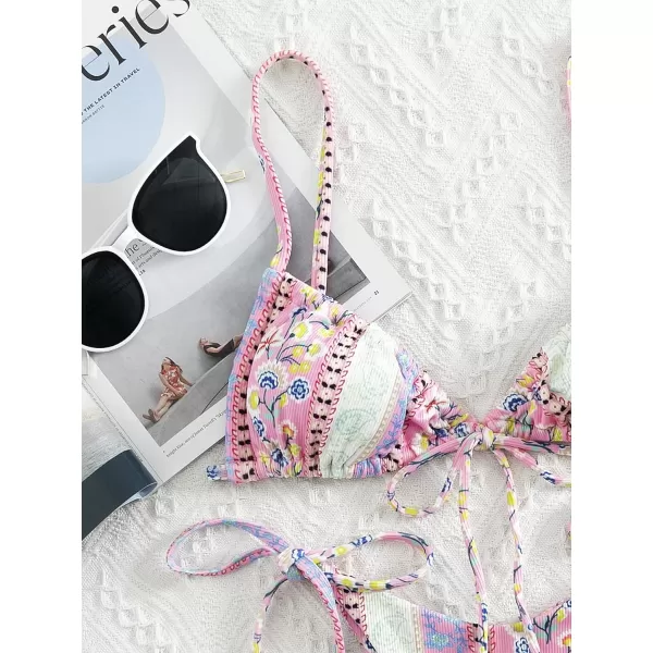 WDIRARA Women's Floral Print Tie Side Swimwear Straps Bikini Sets Swimsuits