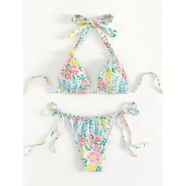 WDIRARA Women's Floral Print Tie Side Swimwear Straps Bikini Sets Swimsuits