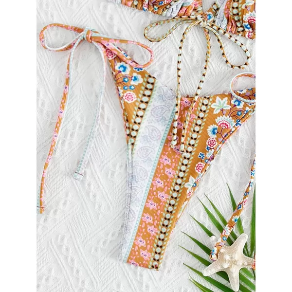 WDIRARA Women's Floral Print Tie Side Swimwear Straps Bikini Sets Swimsuits