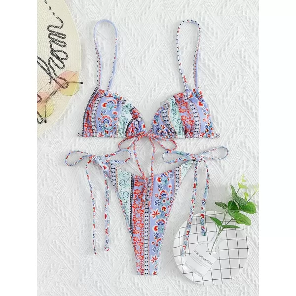 WDIRARA Women's Floral Print Tie Side Swimwear Straps Bikini Sets Swimsuits