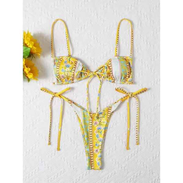 WDIRARA Women's Floral Print Tie Side Swimwear Straps Bikini Sets Swimsuits