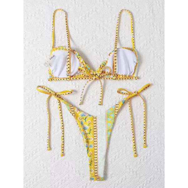WDIRARA Women's Floral Print Tie Side Swimwear Straps Bikini Sets Swimsuits