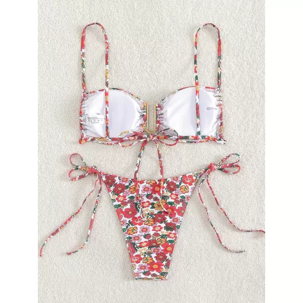 WDIRARA Women's Floral Print Underwired Tie Side 2 Piece Bikini Set Cute Swimsuit