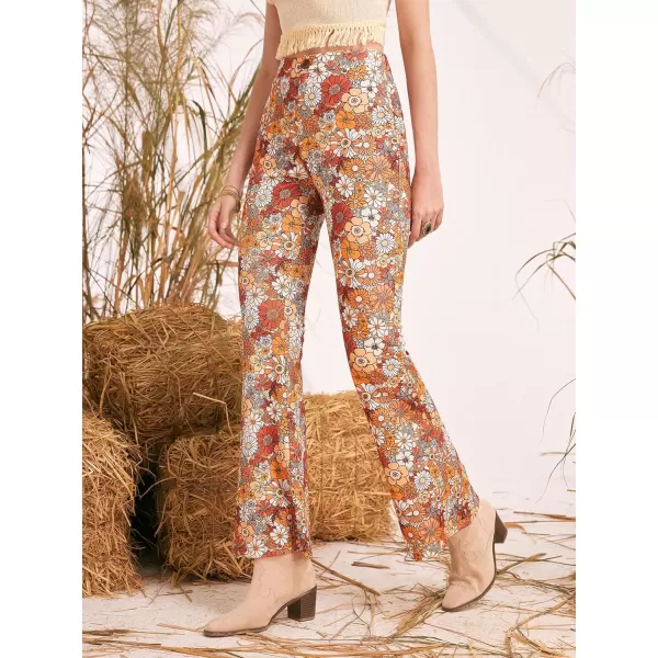 WDIRARA Women's Floral Print Zipper Fly Button Front Natural Waist Flare Leg Pants