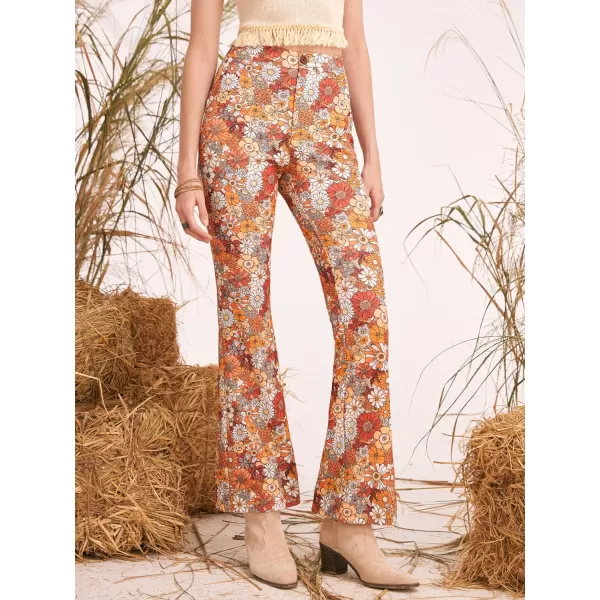 WDIRARA Women's Floral Print Zipper Fly Button Front Natural Waist Flare Leg Pants