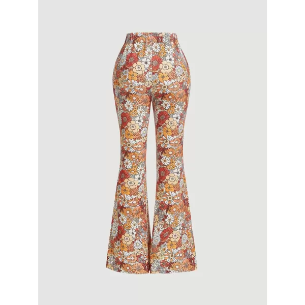 WDIRARA Women's Floral Print Zipper Fly Button Front Natural Waist Flare Leg Pants