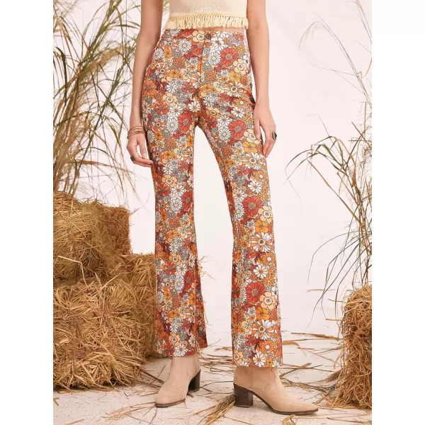 WDIRARA Women's Floral Print Zipper Fly Button Front Natural Waist Flare Leg Pants
