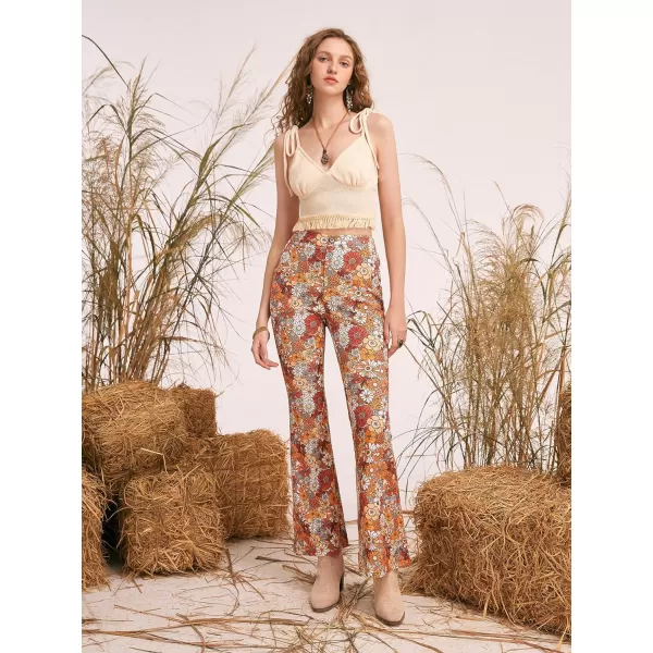 WDIRARA Women's Floral Print Zipper Fly Button Front Natural Waist Flare Leg Pants