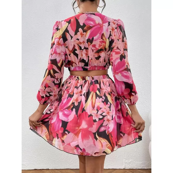 WDIRARA Women's Floral Printed Lantern Long Sleeve Cut Out High Waist V Neck Casual A Line Dress