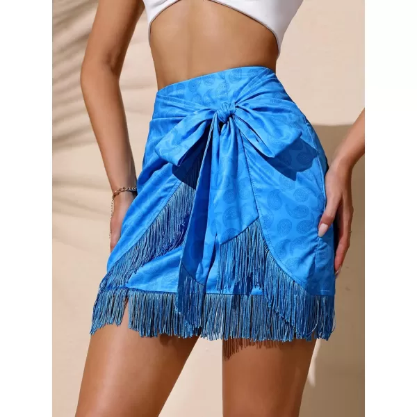 WDIRARA Women's Floral Side Tie Fringe Asymmetrical Hem Wrap Boho Mini Skirt