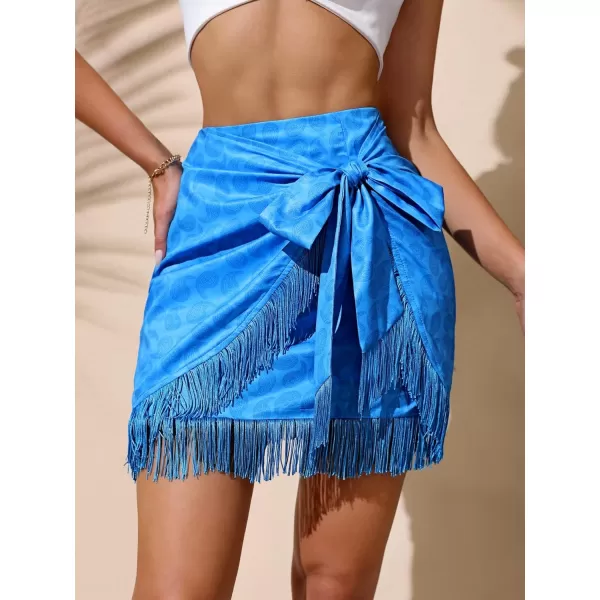 WDIRARA Women's Floral Side Tie Fringe Asymmetrical Hem Wrap Boho Mini Skirt