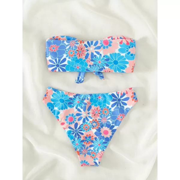 WDIRARA Women's Floral Strapless Bikini 2 Piece High Waisted Bandeau Bathing Suit