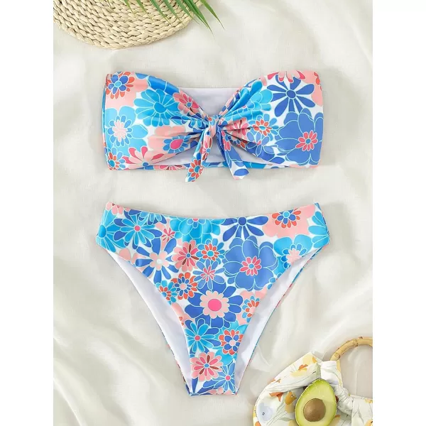 WDIRARA Women's Floral Strapless Bikini 2 Piece High Waisted Bandeau Bathing Suit