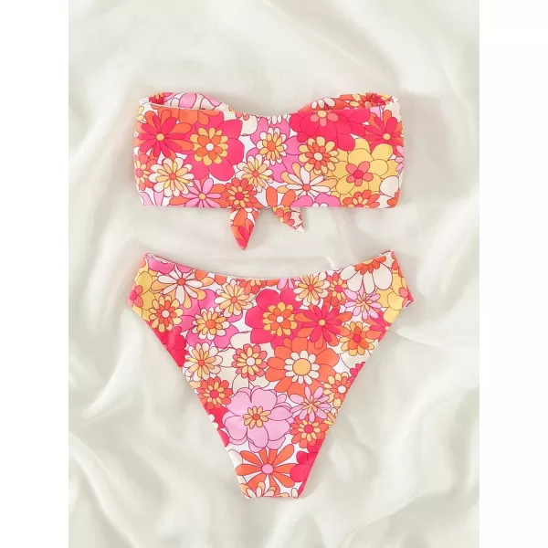 WDIRARA Women's Floral Strapless Bikini 2 Piece High Waisted Bandeau Bathing Suit