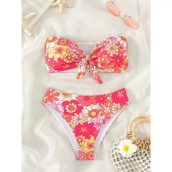 WDIRARA Women's Floral Strapless Bikini 2 Piece High Waisted Bandeau Bathing Suit