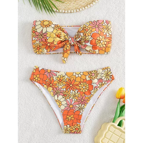 WDIRARA Women's Floral Strapless Bikini 2 Piece High Waisted Bandeau Bathing Suit