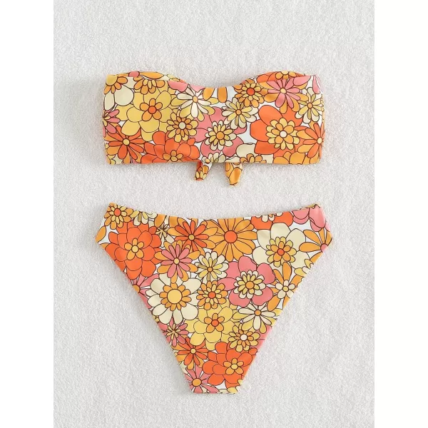 WDIRARA Women's Floral Strapless Bikini 2 Piece High Waisted Bandeau Bathing Suit