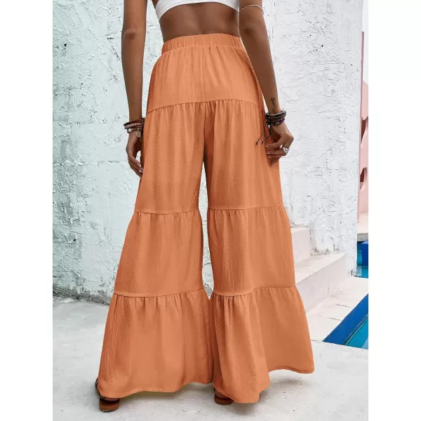 WDIRARA Women's Flowy Boho Elastic High Waist Ruffle Hem Wide Leg Beach Loose Palazzo Pants