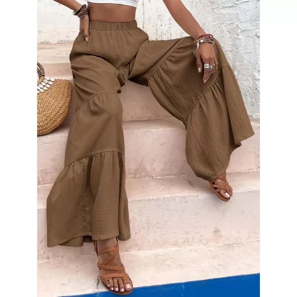 WDIRARA Women's Flowy Boho Elastic High Waist Ruffle Hem Wide Leg Beach Loose Palazzo Pants