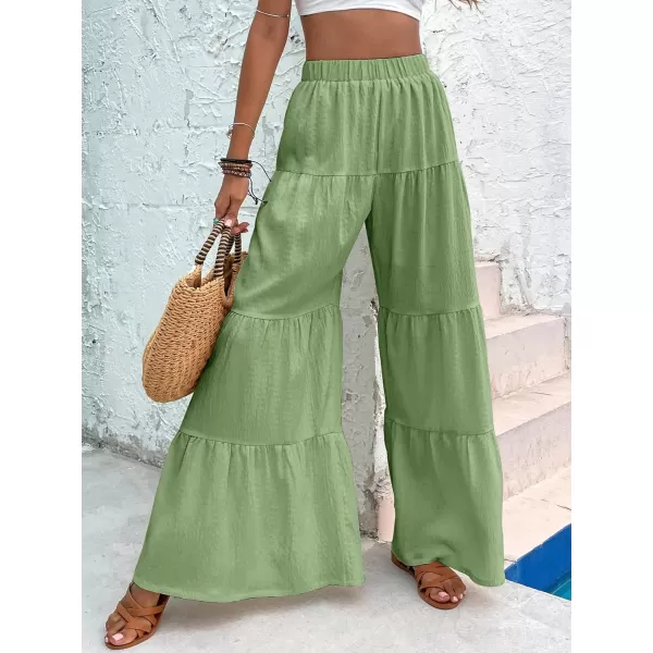 WDIRARA Women's Flowy Boho Elastic High Waist Ruffle Hem Wide Leg Beach Loose Palazzo Pants